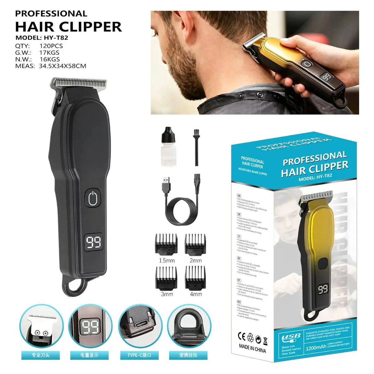 Electric Hair Clipper Fully Automatic Rechargeable Universal Adult Shaver Family Push Clipper Quake Black USB Type-C