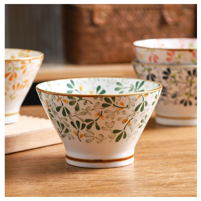 5 Inch Colorful Floral Ceramic Cone Bowls Vintage Japanese Porcelain Rice Soup Bowl Oven Microwave Safe Household Tableware Quake