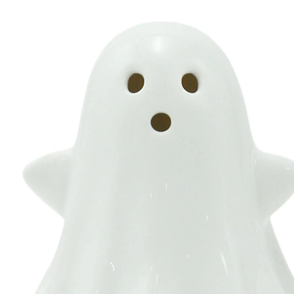 2Pcs Ceramic Ghost Small White Ghost Figurines Tabletop Ornaments Spooky Props Scary Light up for Bookshelf Home Room Kitchen Quake