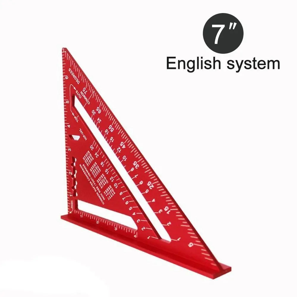 New 7Inch Triangle Ruler Measurement Tool Aluminium Alloy Carpenter Tools Inch Metric Angle Ruler Speed Square Woodworking Tools Quake red-english