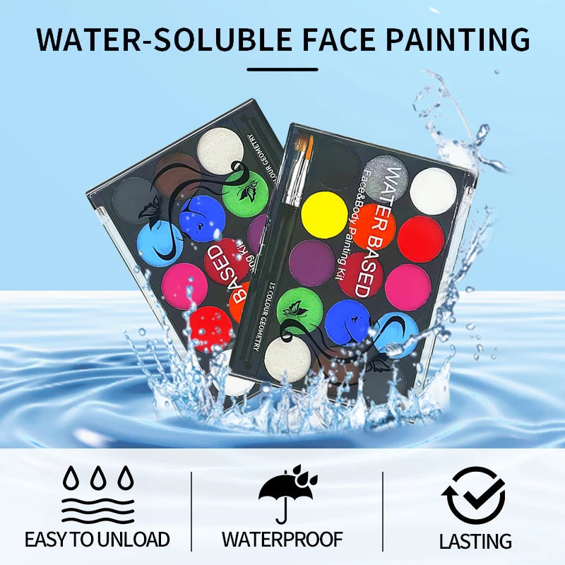 15Color BodyPainting Kit Vibrant Face Color Makeup Cream for Stage Costume Performances Includes Stencil and Brush Quake