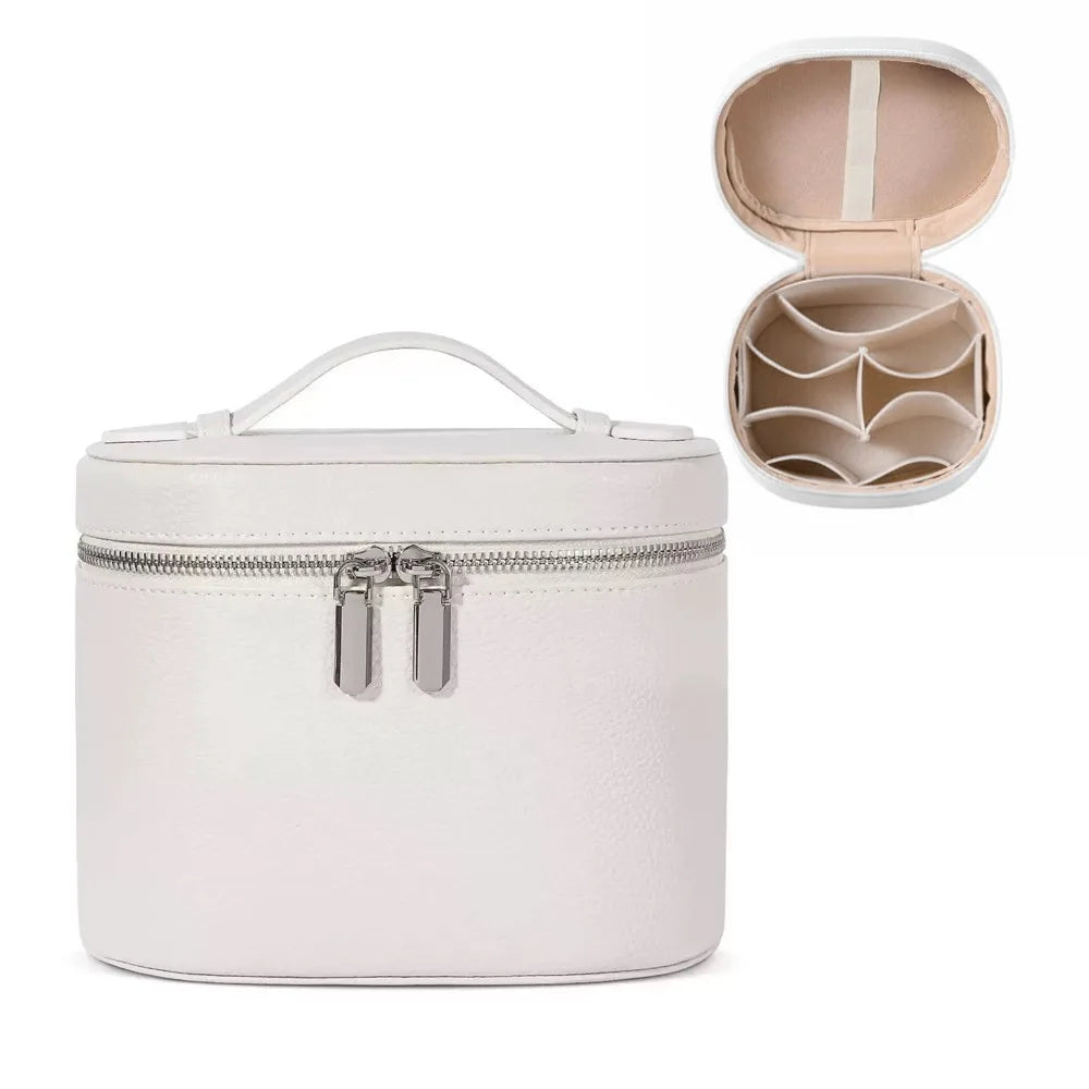 Large Capacity Cosmetic Box PU Leather Waterproof Makeup Bag Zipper Closure Internal Storage Box Toiletry Pouch Gift Idea Quake White