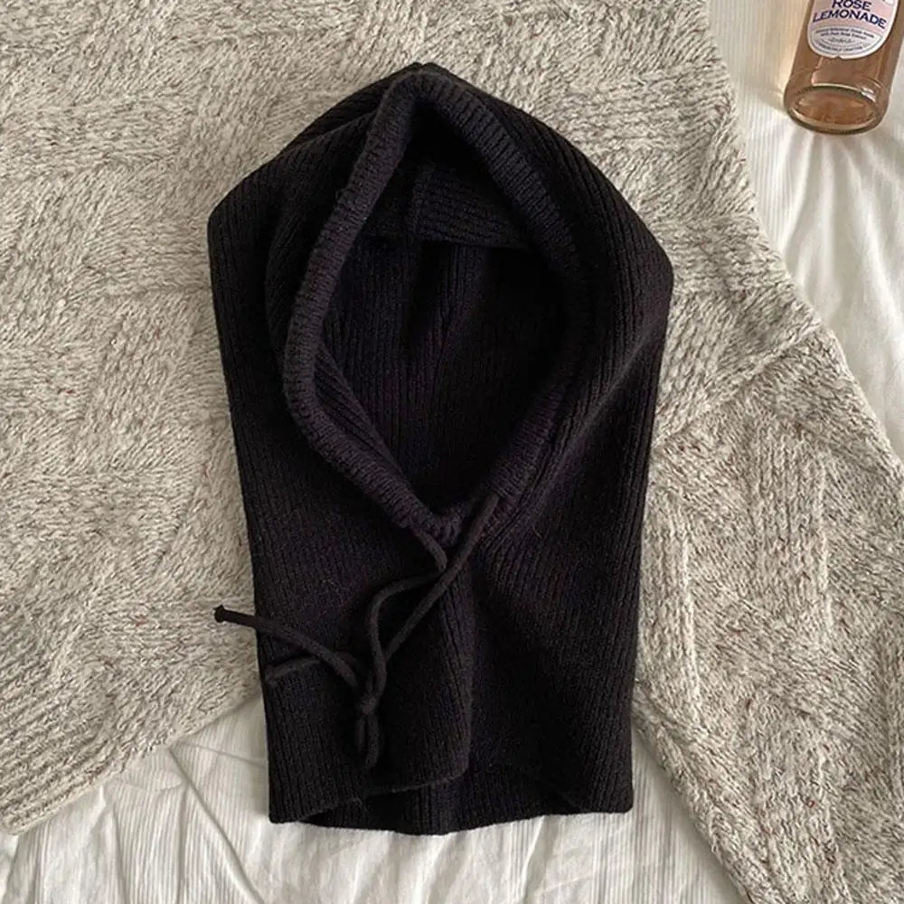 Winter Knitted Hooded Scarf Hat Warm Balaclava Hats Outdoor Ear Protection Beanies Solid Color Warm Drawstring Mask Scarf Cover Quake black