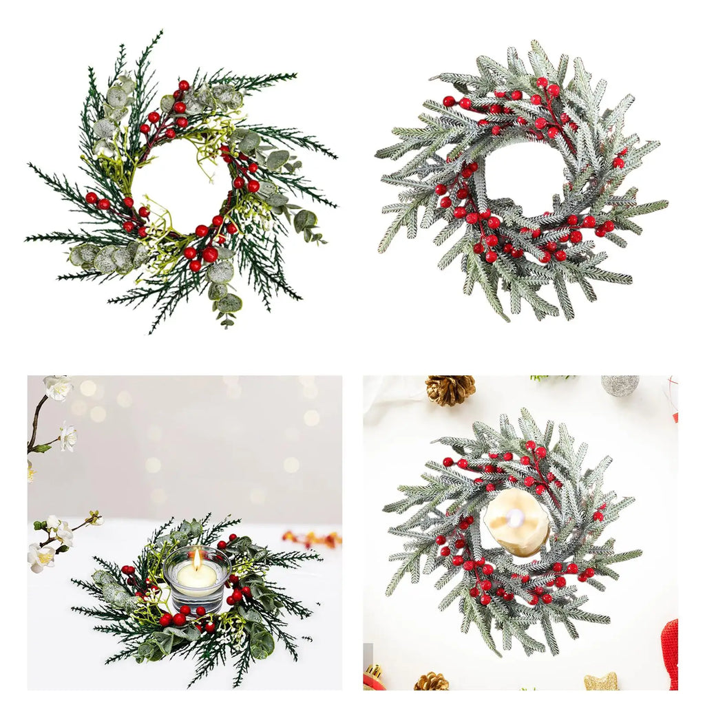 Christmas Candle Ring Decorative Rustic Artificial Red Berries Garland Candle Holder for Festival Living Room Decoration Quake