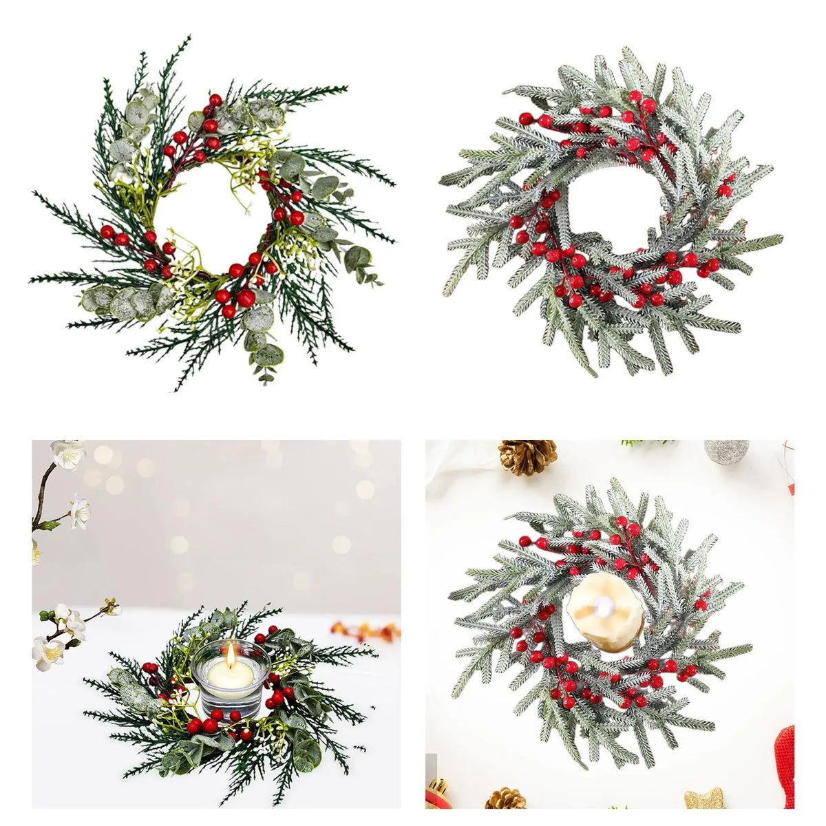 Christmas Candle Ring Decorative Rustic Artificial Red Berries Garland Candle Holder for Festival Living Room Decoration Quake