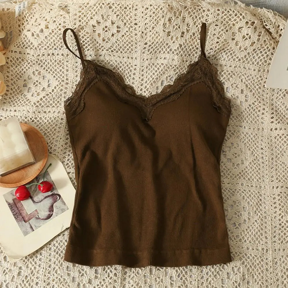 Fashion Breathable Lace Camisole Wire-Free Solid Color Summer Top Strap Bra Sexy Style Bottoming Shirt Quake Coffee S