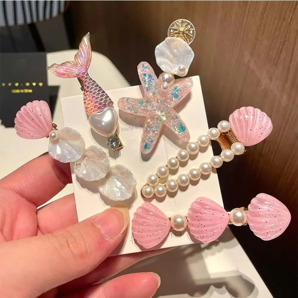 5pcs New Ocean Series Shell Starfish Hair Clips Pink Pearl Mermaid Hairpins Purple Princess Headdress Hair Accessories Quake