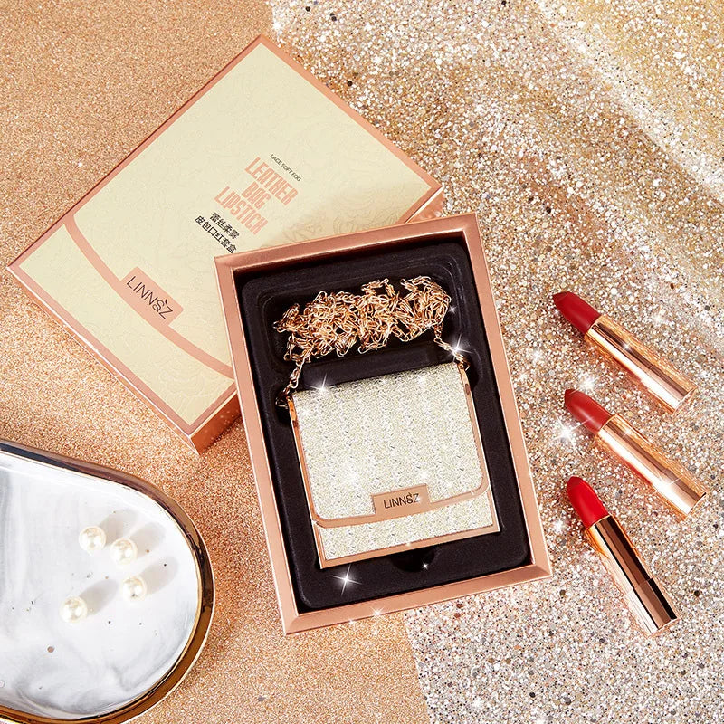 Matte Lipstick Set 3 Colours with Silver Chain Bag Waterproof Non-Stick Long Lasting Red 3.5gx3pcs Quake