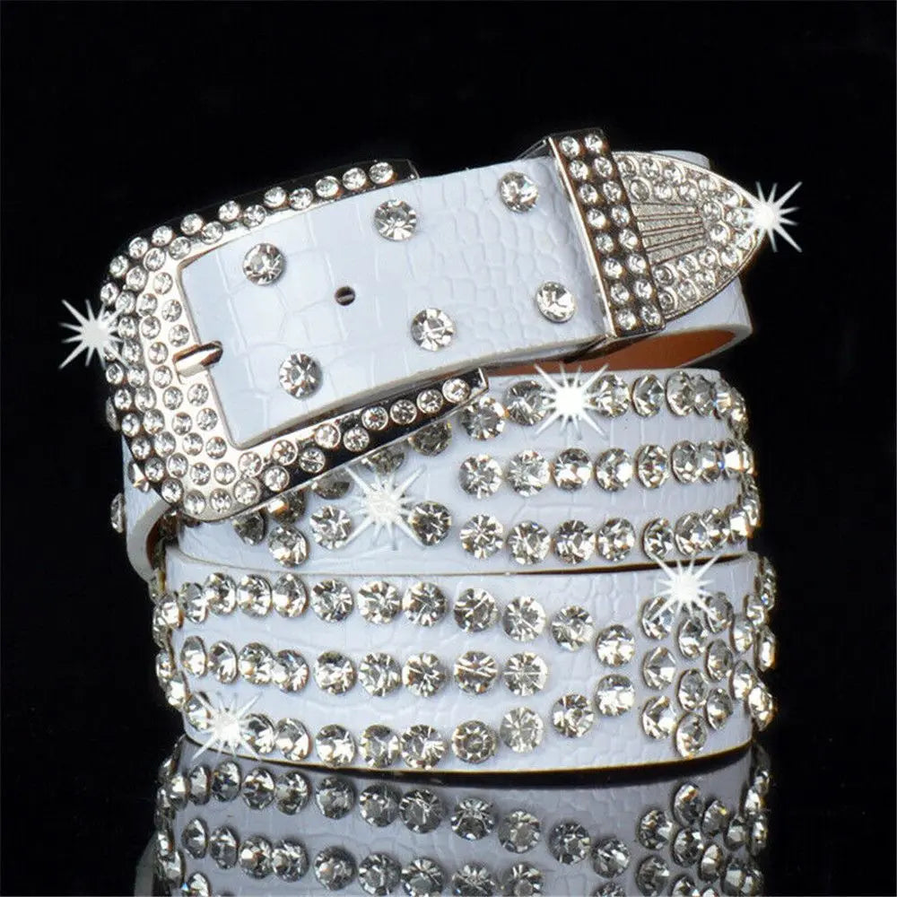 Women Adjustable Studded Rhinestone Belt PU Leather Bling Crystal Waistband Quake white