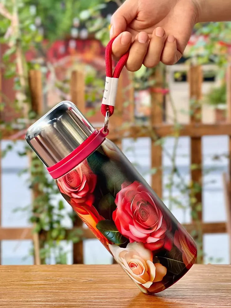 Retro and Bustling High-value Insulated Cup with Creative Rose Pattern Double-layer Water Cup Car Portable Drawstring Stew Cup Quake