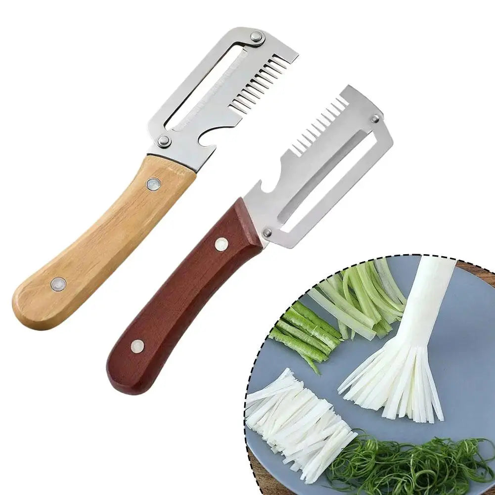 Stainless Steel Scallion Shredder Multifunction Kitchen Peeler Squid Cutter Onion Slicer with Wooden Handle Quake