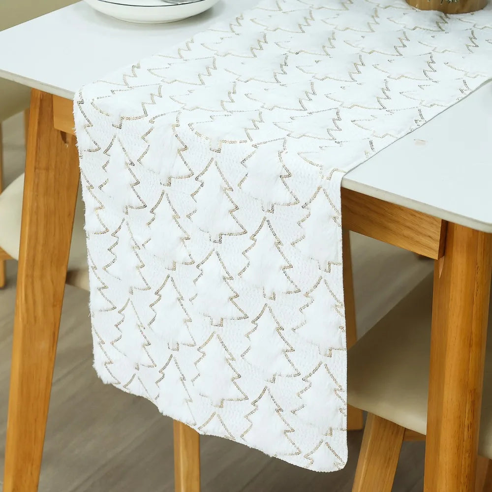 Christmas Plush Table Runner 3D Xmas Tree Pattern Tablecloth New Year Dinner Table Cloth Cover Home Festival Party Decorations Quake