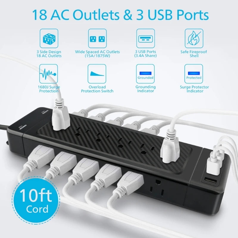Long Cord Power Strips,1680Joule Protector 9.8ft Extension Cord with Multiple Outlets 18AC 4USB Ports Flat Plugs K1KF Quake
