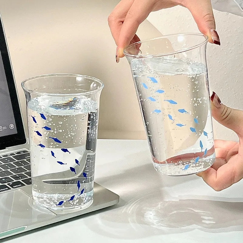 1pc Ins Style Printed Small Fish Glass Cup Flip Over Milk Juice Coffee Cup High Aesthetic Drinking Utensil Quake