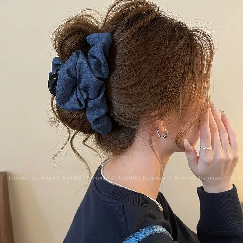 Korean Wrinkled Clouds Shark Clip Denim Cloth Ponytail Hairpin Female Elegant Temperament Fashion Female Hair Claw Accessories Quake