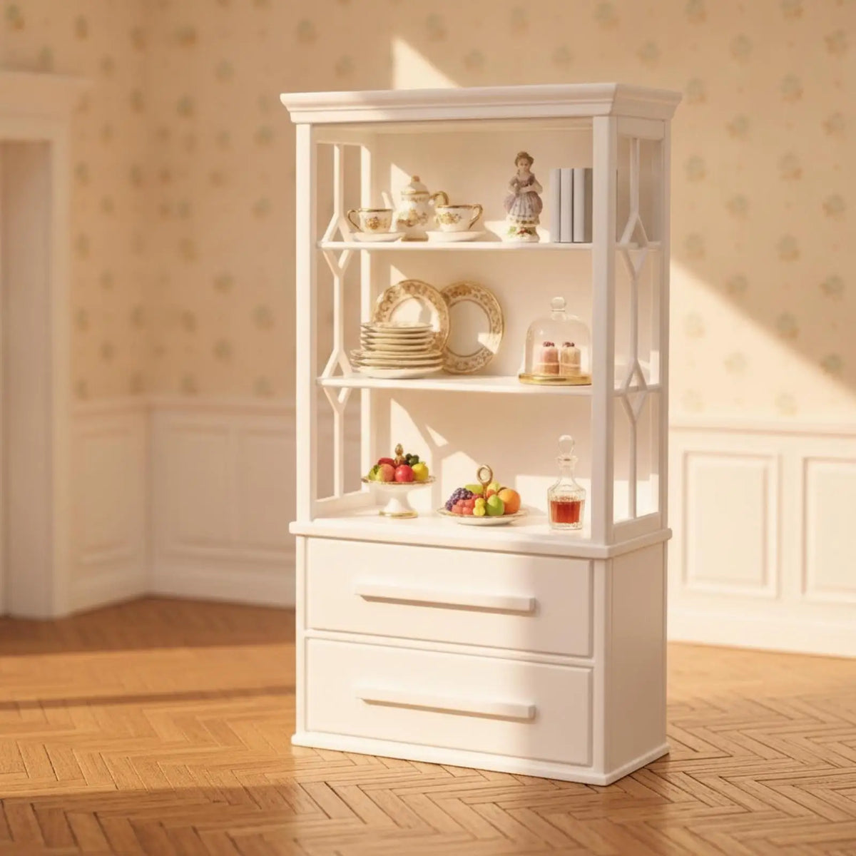 Mini Dollhouse Bookcase European Style White Cabinet with Drawers for Tiny Room Displays and Collectors Quake