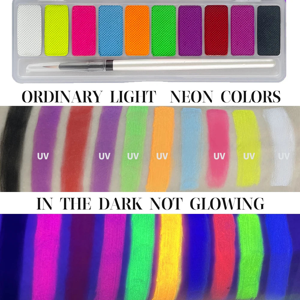 UV Luminated Black Light Body Paint Set with Brush,10 Colors Water-Soluble Paste Fluorescent Neon Oil Face Body Art Paint Makeup Quake