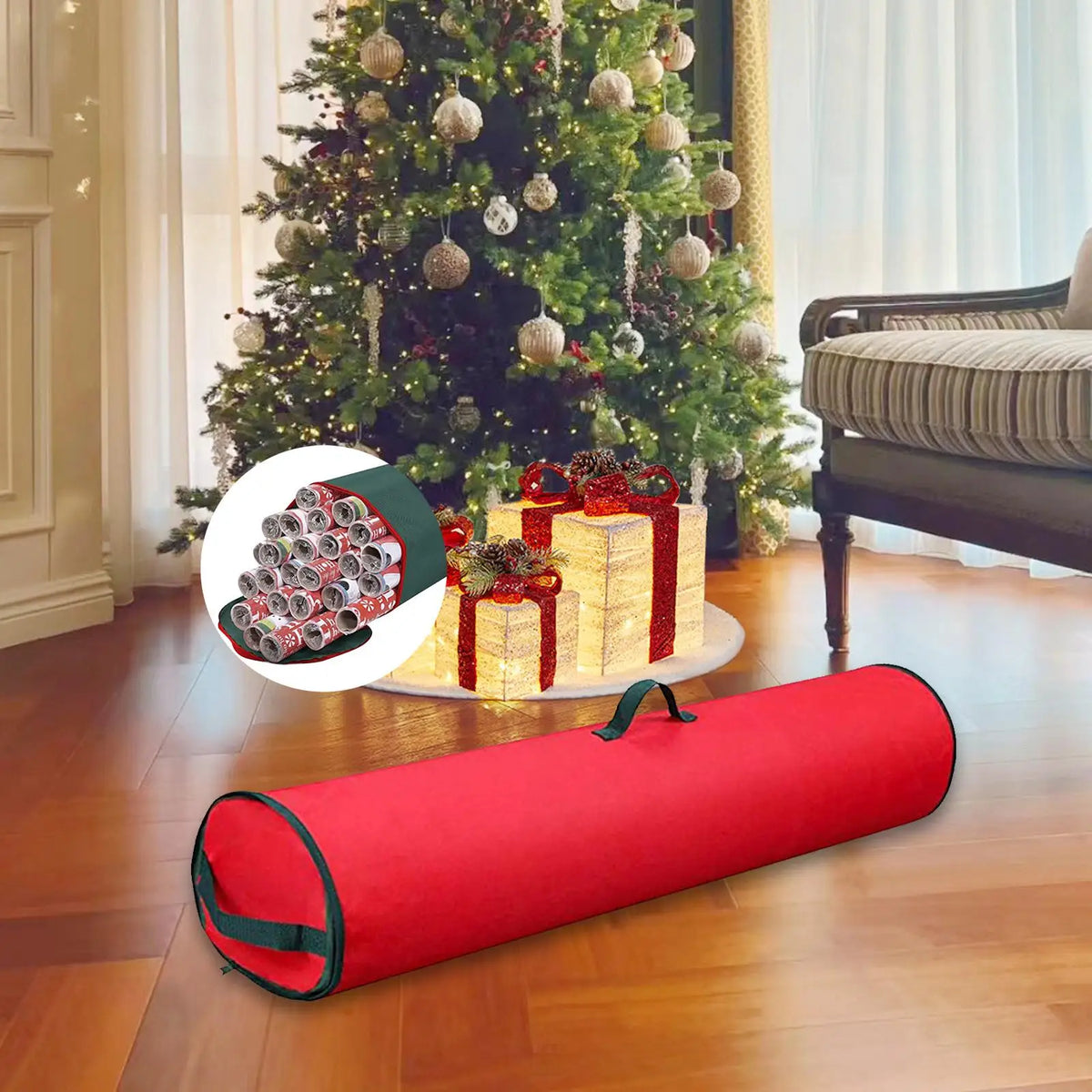 Wrapping Paper Rolls Storage Bag Zipper Closure with Handles Space Saving Easy Carrying Wrapping Paper Organizer Holiday Storage Quake Red