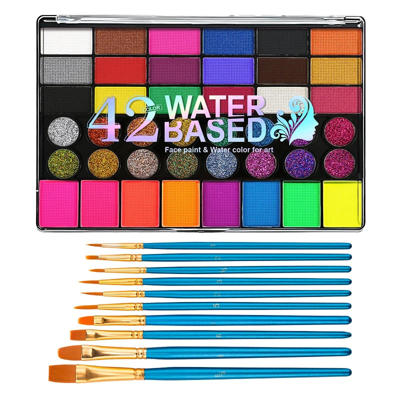 42 Colors Water Soluble Face Body Painting Set UV Neon Glitter Face Paint Art Halloween and Christmas Party Body Paint Makeup Quake 2 pcs