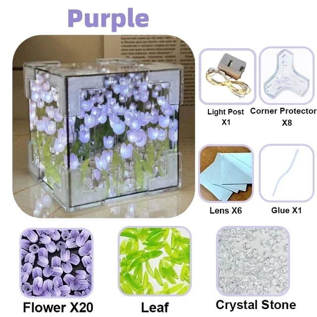 DIY Creative Tulip Flower Sea Cube 3D Small Night Lamp for Bedroom Handmade Craft Tulips for Girlfriend Couple Birthday Gift Quake Purple flower cube