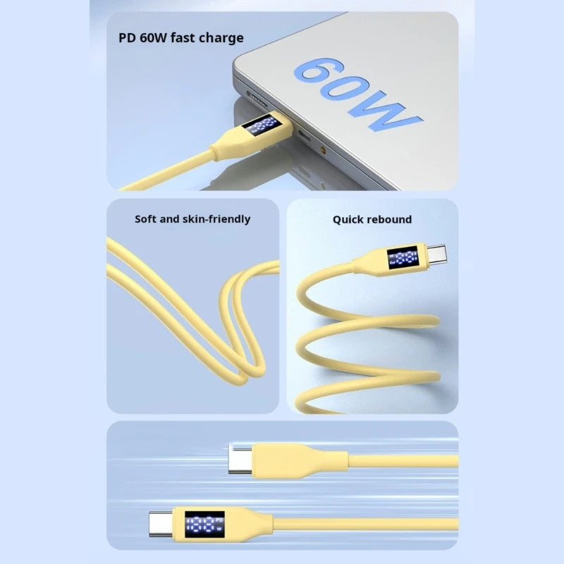 Double Type C Fast Charging Cable With LED Display 60W Power Delivery USB 2.0 Data Transfer Silicone Cord For Phones K1KF Quake