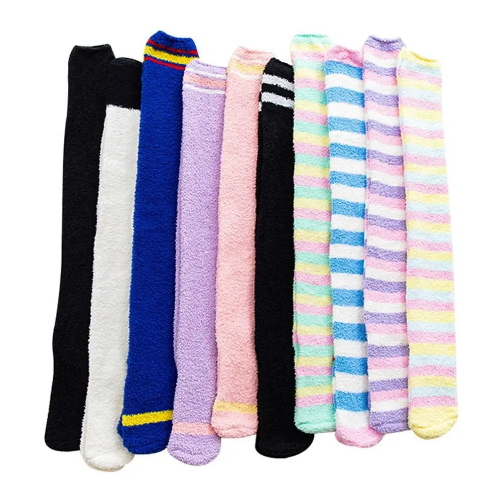 Soft Warm Striped Stockings Long Tube Comfortable Over Knee Socks Coral Velvet Cozy Lined Terry Socks Winter Quake
