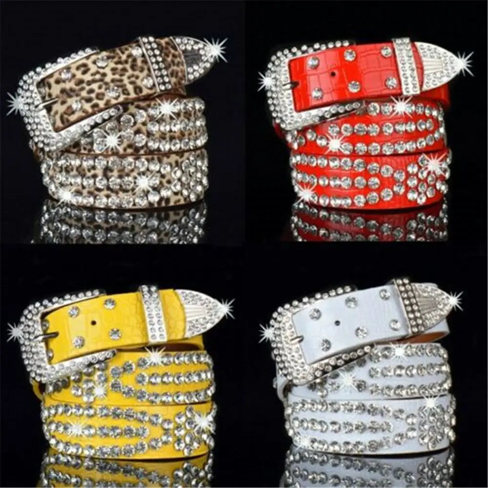 Women Adjustable Studded Rhinestone Belt PU Leather Bling Crystal Waistband Quake