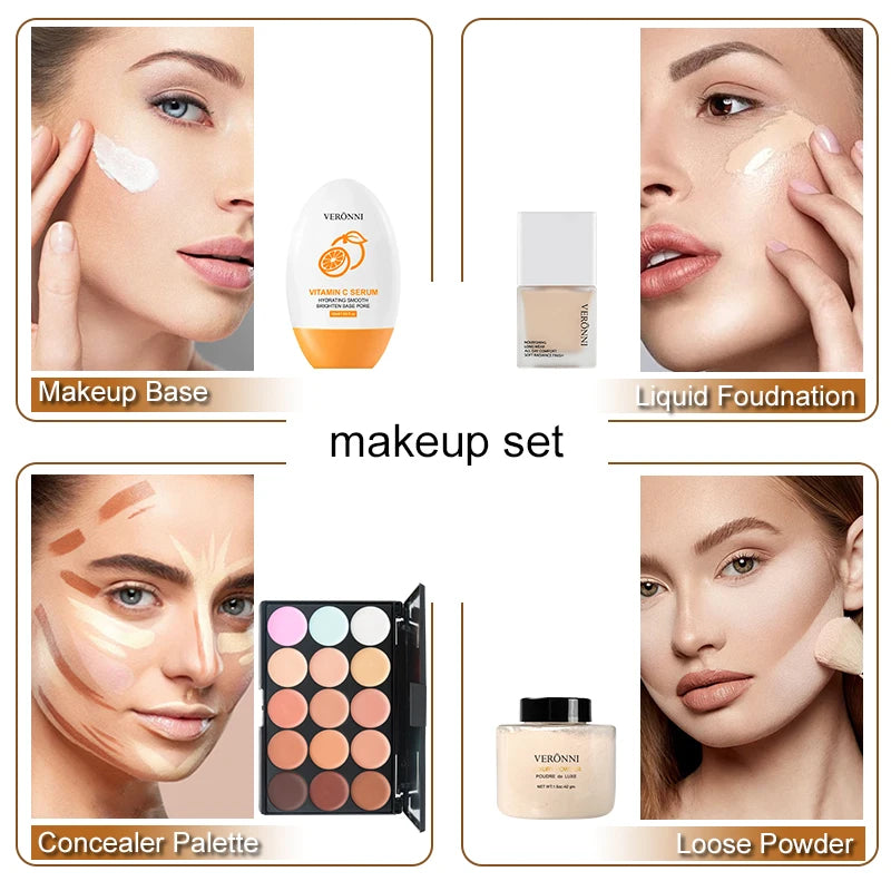 Face Makeup Set Liquid Foundation Loose Powder Primer Waterproof Long-lasting Full Coverage Concealer Women Cosmetics FaceMakeup Quake