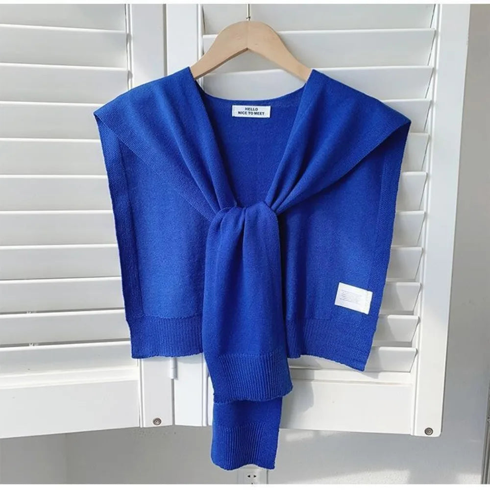 Fashion Knitted Design Knitted Shawl Knotted Solid Color Fake Collar Neck Guard Thin Shoulder Scarf Women Quake Blue
