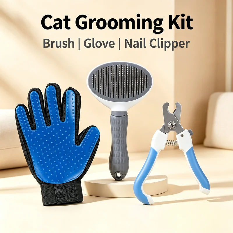 Pet Grooming Kit 3Pcs Dog Cat Grooming Glove Self‑Cleaning Slicker Brush Pet Nail Clipper For Cats Dog Hair Remover Massage Tool Quake