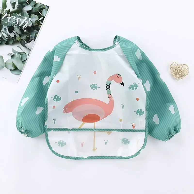 1Pcs Toddler Baby Cartoon Long Sleeve Art Apron Waterproof Eating Smock Infant Animal Smock Soft Baby Bib Burp Clothes Quake B31 Green Bird 0-3Years old
