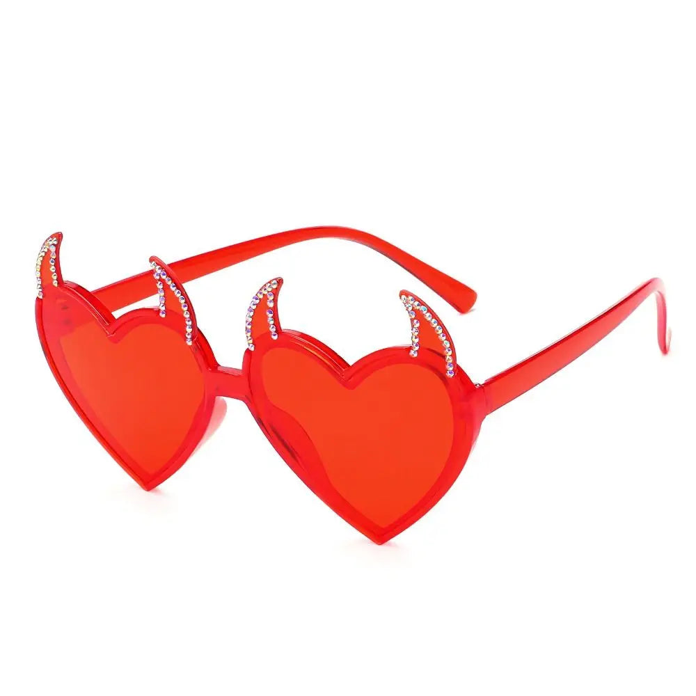 Devil Ears Heart Shape Sunglasses for Women Men Trendy UV Protection Sun Glasses Novel Party Halloween Cosplay Glasses Quake Diamond Red