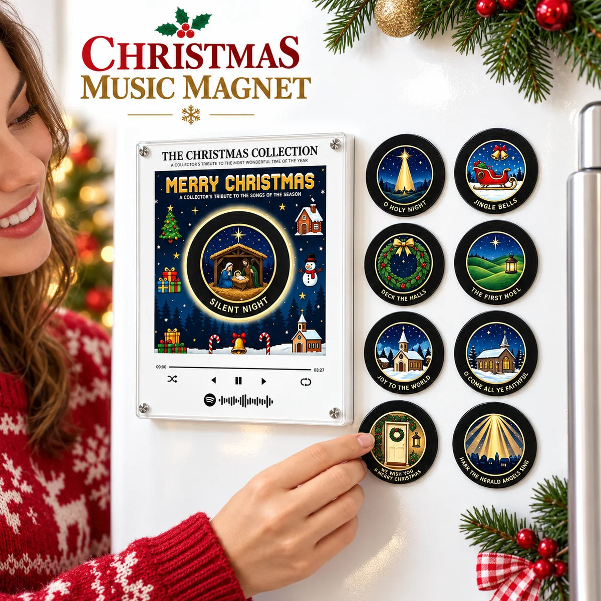 Christmas NFC Magnetic Vinyl Record Player LED Night Light Touch Play Customized Music Acrylic Home Fridge Ornament Quake