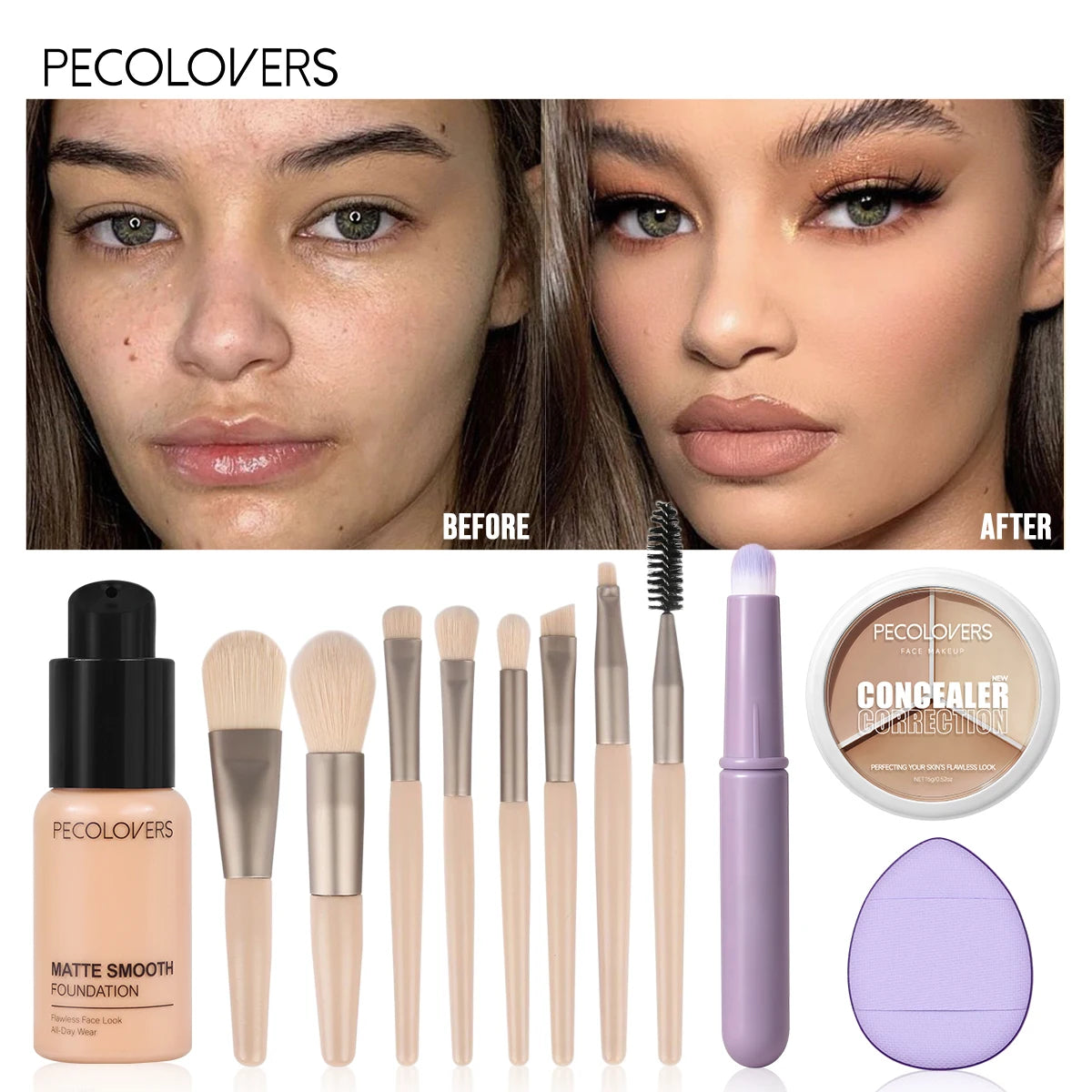 12PCS Face Set, Liquid Foundation+concealer+multiple Makeup Tools, Uniform Makeup, Waterproof and Durable, Facial Cosmetics Quake SET 01