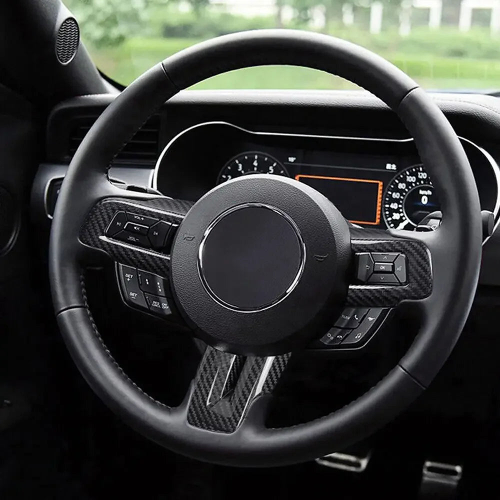 For Ford Mustang 2015 2016 2017 2018 2019 2020 2021 2022 ABS Carbon Fiber Style Inner Car Steering Wheel Cover Trim Frame Decor Quake