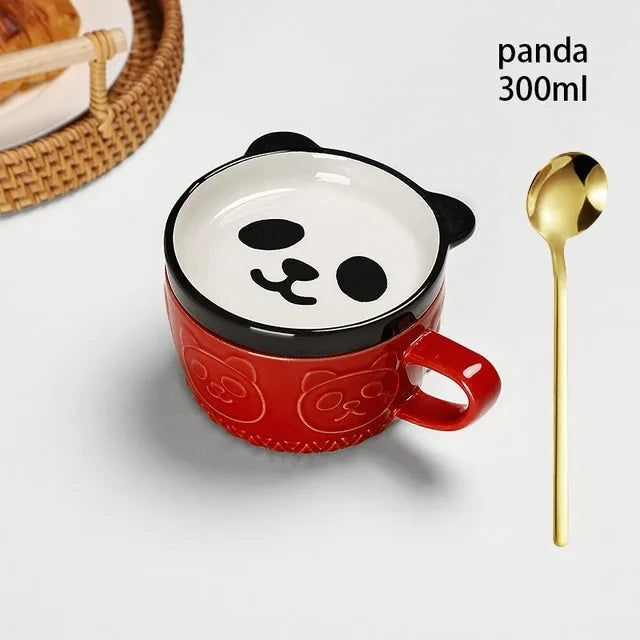 YWDL Japanese Cartoon Cat Coffee Mug With Animal Cat Pattern Lid Small Dish Cute Breakfast Cup Creative Coffee Cup Milk Cup Gift Quake panda 301-400ml