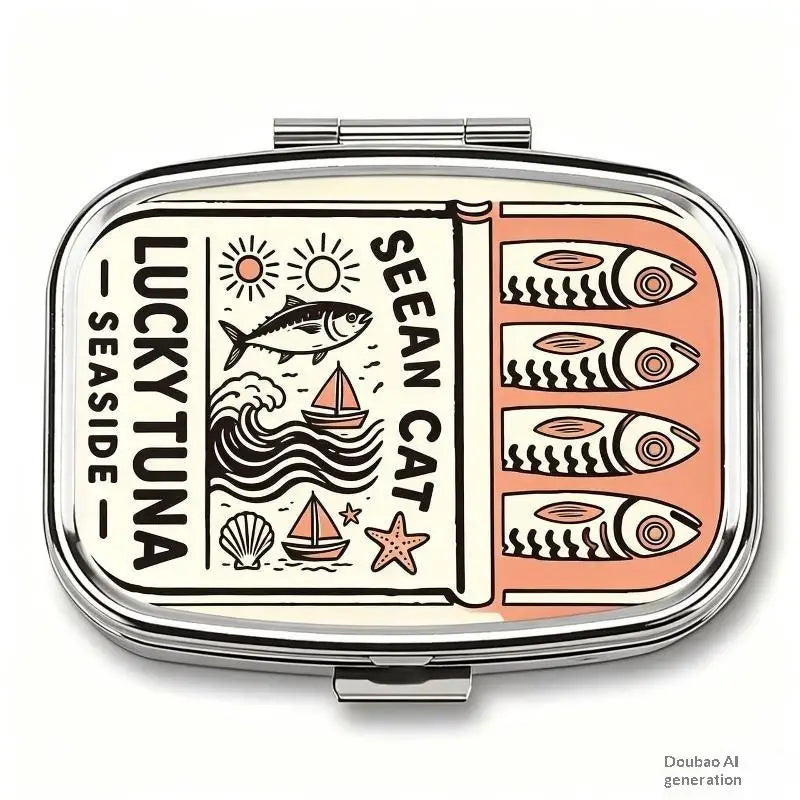 1Pcs 2-Compartment Retro Sardine Print Pill Box Metal Mini Organizer For Women Travel Jewelry Medicine Candy Storage Quake A10
