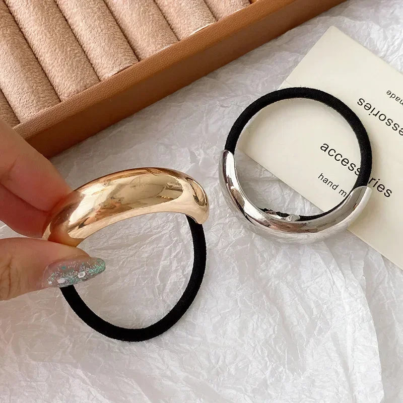 Ladies Gold Sliver Hair Bands Ponytail Rings Cover Cuff Wrap Holder High Elastic Rope Band Gift Geometric Round Hollow Hair Rope Quake