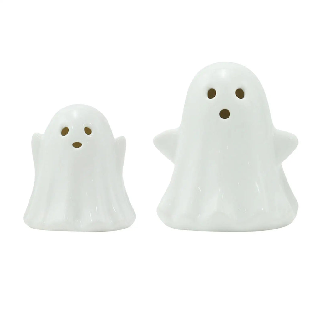 2Pcs Ceramic Ghost Small White Ghost Figurines Tabletop Ornaments Spooky Props Scary Light up for Bookshelf Home Room Kitchen Quake
