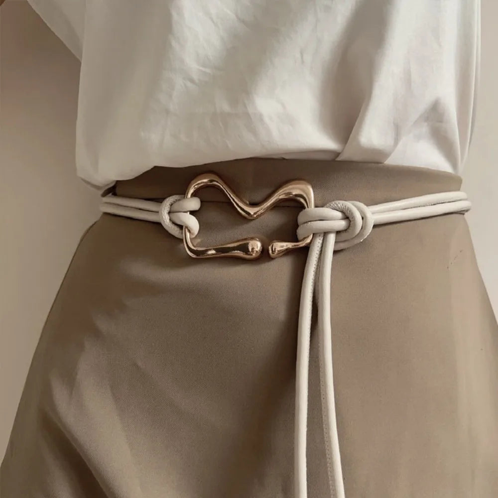 Fashion PU Leather Women Thin Belt Rope Knotted Golden Buckle String Waist Belt Long Dress Coat Waistband Ladies Black Straps Quake Beige
