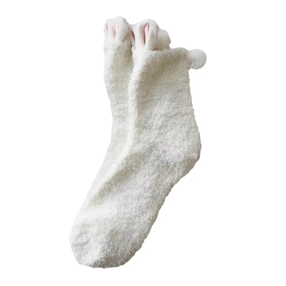 Women's Cartoon Cute Soft Three-dimensional Cute Rabbit Ears Coral Velvet Mid-tube Winter Thicken Lolita Home Warm Sleeping Sock Quake Pink
