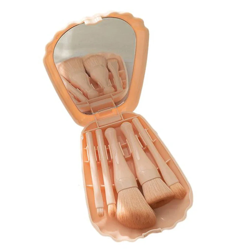 5Pcs Shell Portable Makeup Brush Set HD Mirror Soft Fiber Hair Beauty Tool Repair Brush Lip Brush Full Set Of Cosmetic Brush Quake pink