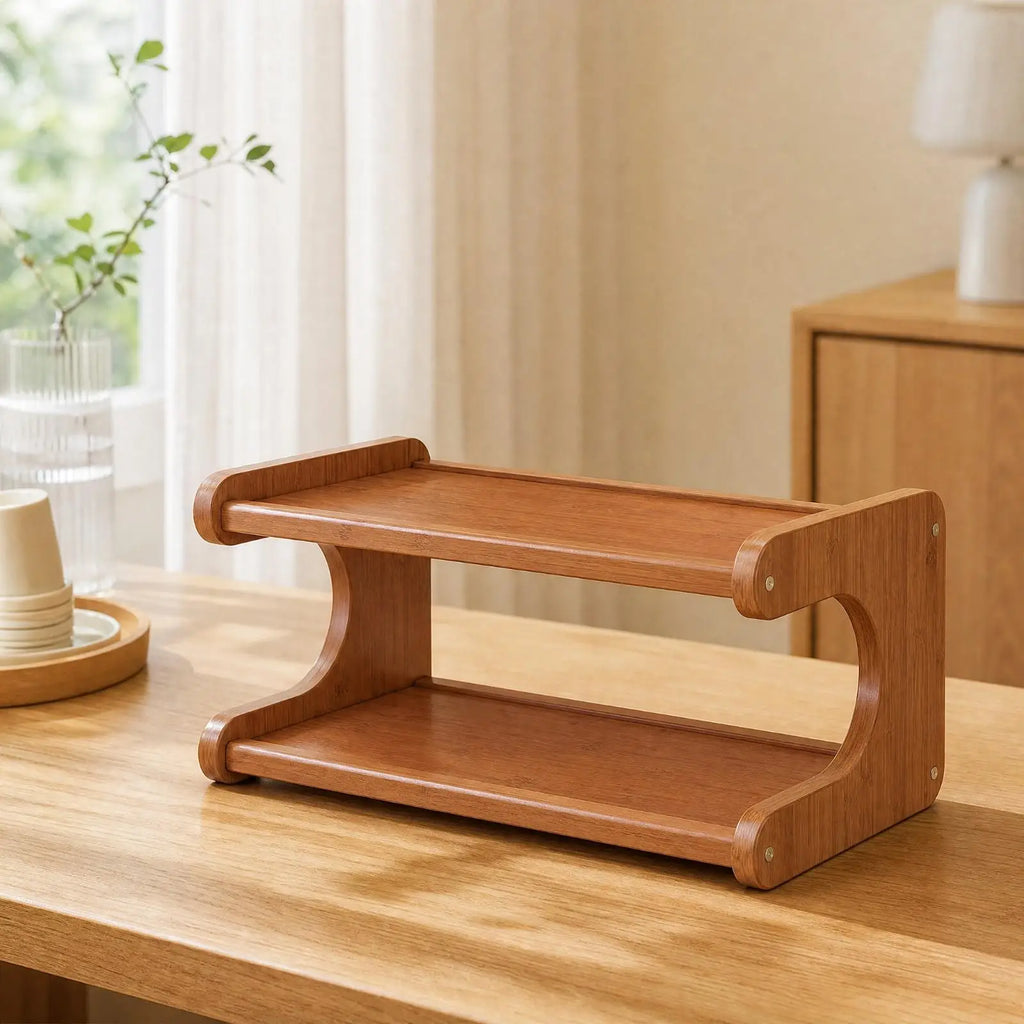Freestanding Desktop Storage Rack Space-Saving Open-Shelf Tabletop Organizer Compact E-Shaped Desktop Shelf for Kitchen, Dining Quake 2Tier30