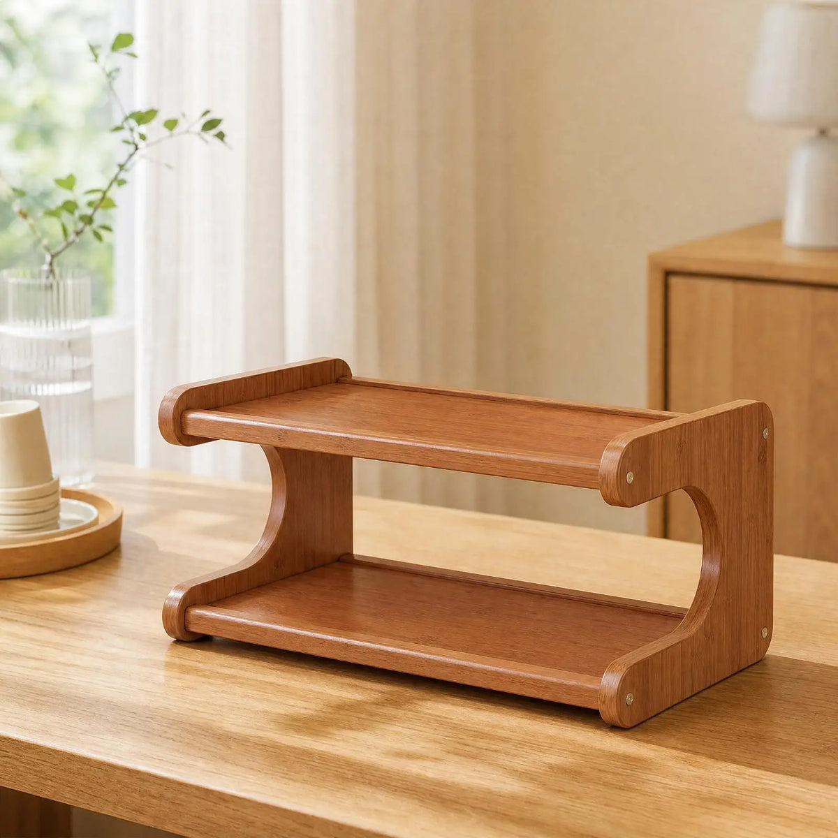 Freestanding Desktop Storage Rack Space-Saving Open-Shelf Tabletop Organizer Compact E-Shaped Desktop Shelf for Kitchen, Dining Quake 2Tier30