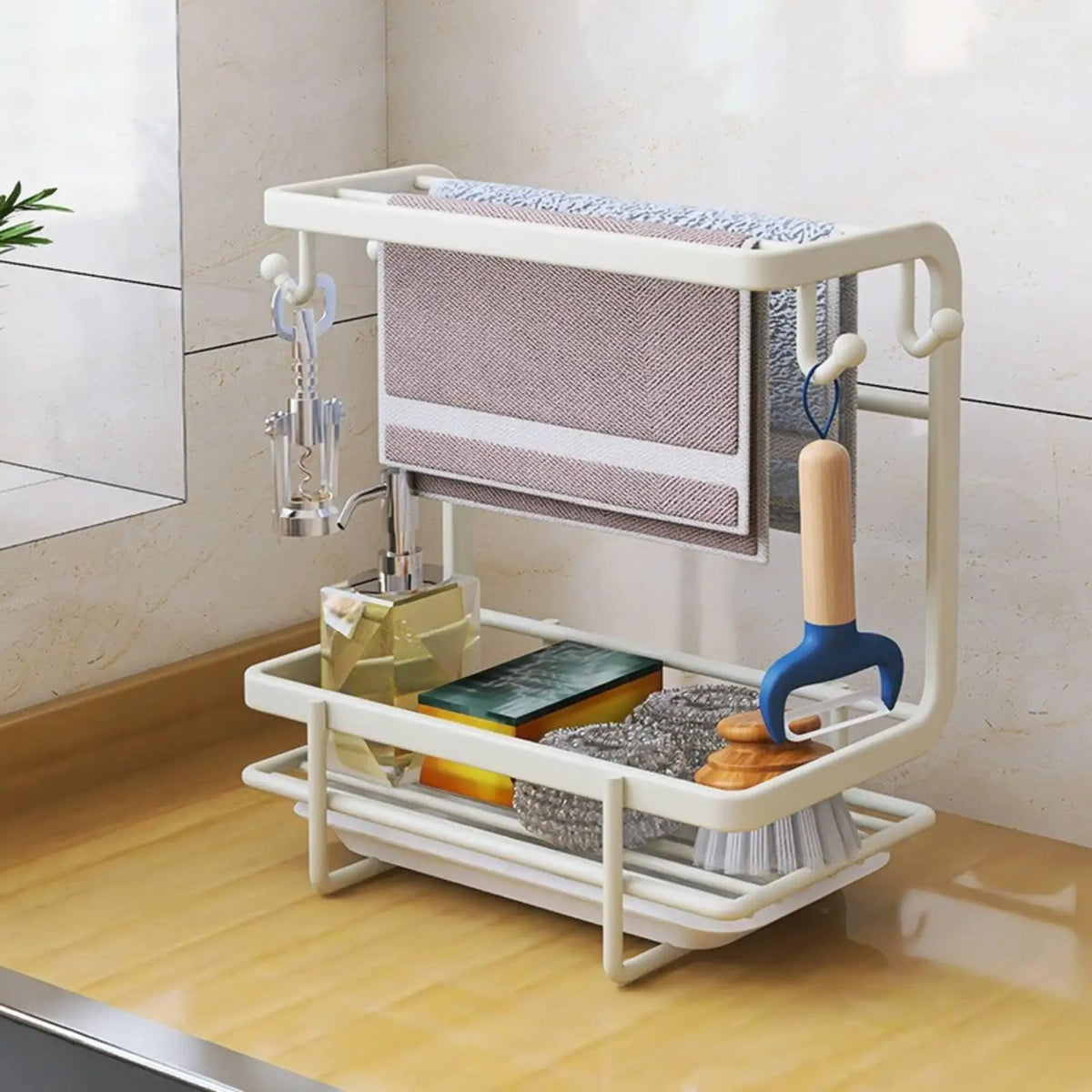 Kitchen Shelf Organizer with Hooks and Bottom Sponge Area Dishwashing Sink Drainer Rack for Kitchen Cleanup Storage Quake