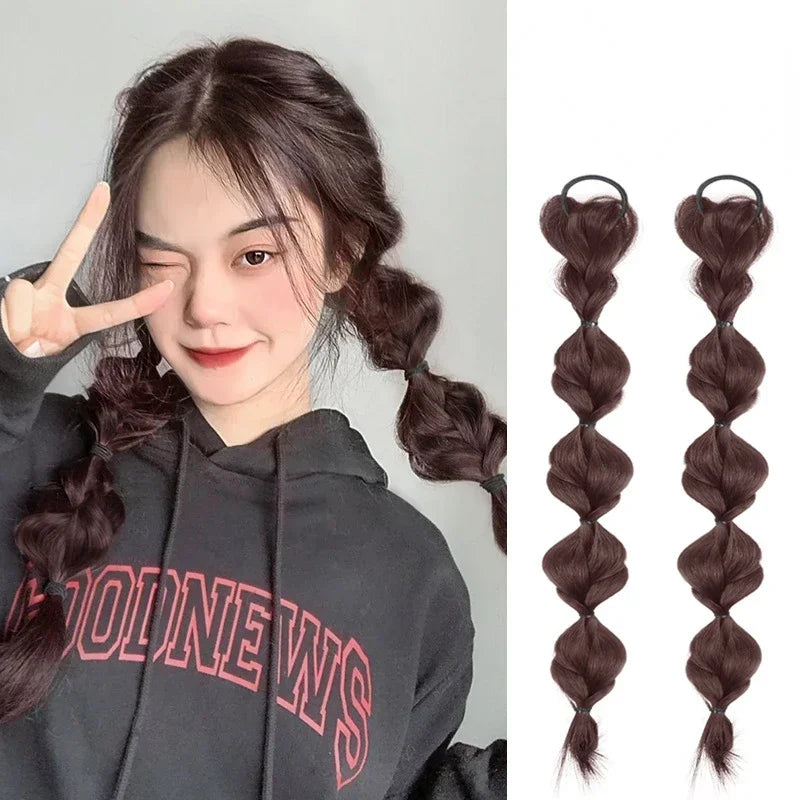 2 Pcs/set Synthetic Bubble Twist Ponytail High Elastic Wig Women Hair Side Natural Lantern Wig Braid Black Hous Tail Hairpiece Quake 2pcs dark brown