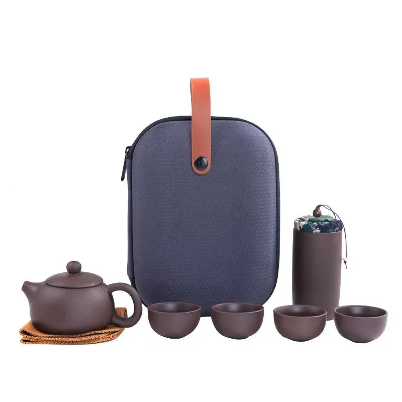 One Pot of Purple Clay Four Cups Outdoor Portable Tea Set Travel Tea Set Gift for Friends Quake