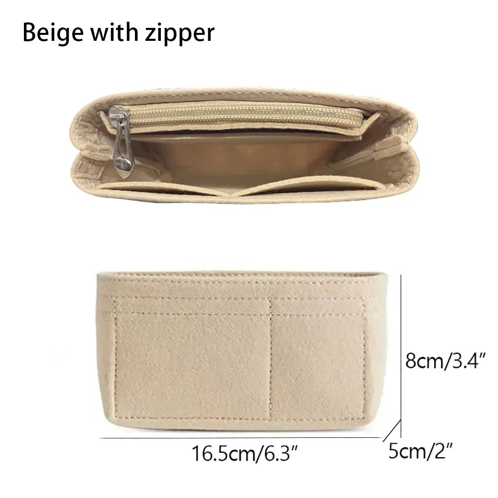 1Pcs Durable Storage Bags Insert Bag Felt Multi-Pocket Linner Bag Travel Portable Bag Organizer for Longchamp Mini Bag Quake beige with zipper