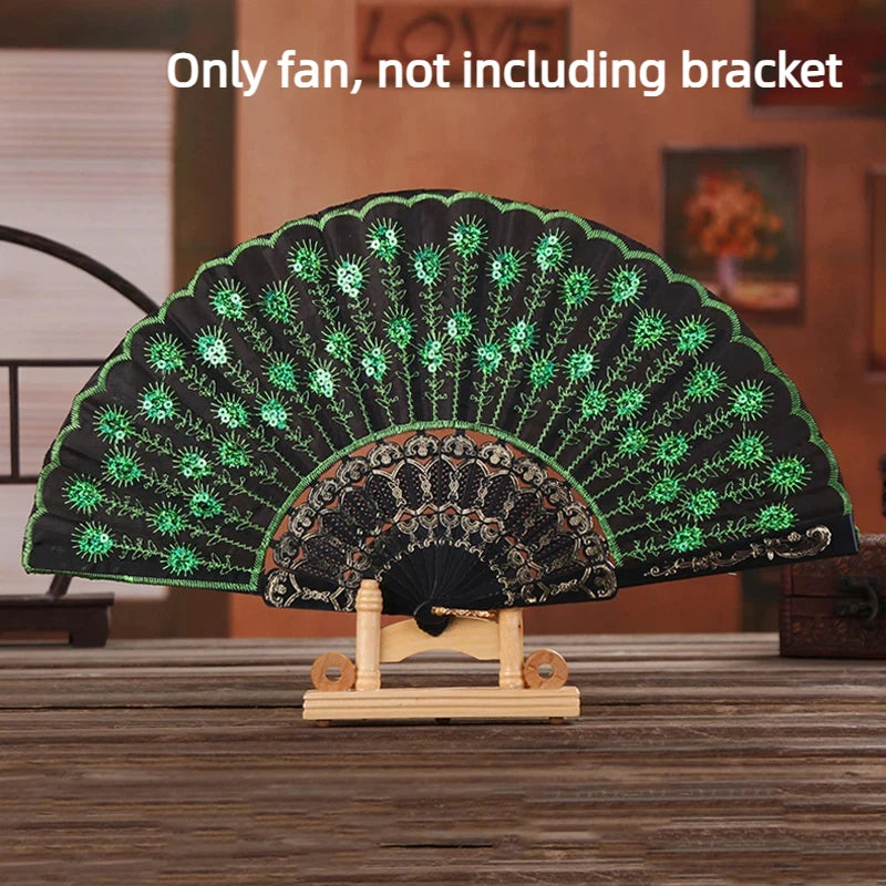 Folding Hand Fan Plastic Gold Powder Craft Fan White Wedding Party Chinese Style Dance Cloth Folding Fan Handheld Quake Green