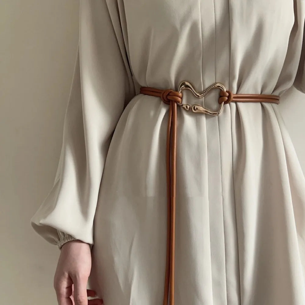 Fashion PU Leather Women Thin Belt Rope Knotted Golden Buckle String Waist Belt Long Dress Coat Waistband Ladies Black Straps Quake Brown